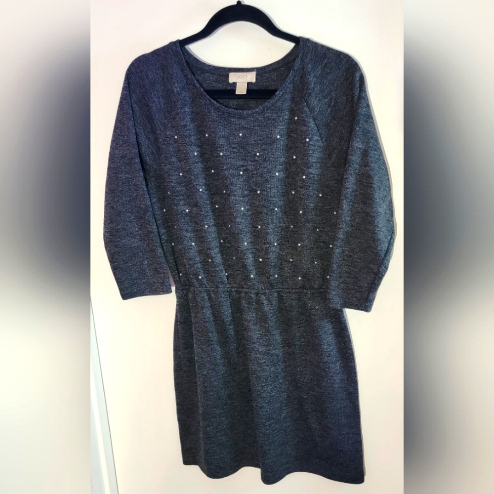 LOFT Ann Taylor Charcoal Knit Sweater Dress W/ Faux Pearls And Rhinestones